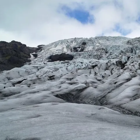 Crevasses and blue ice on the glacier surface